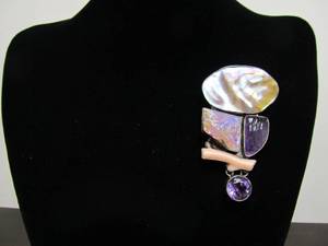 AMY KAHN RUSSELL Handmade Sculptural Brooch Pendant #6 w Amethyst &amp Pearl