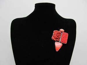AMY KAHN RUSSELL Handmade Sculptural Brooch Pendant #11 wCarved Cinnabar &amp Red Stones