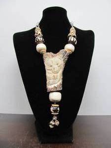 LARGE - AMY KAHN RUSSELL Complete Pendant Necklace w Carved Bear &amp Trout - #14