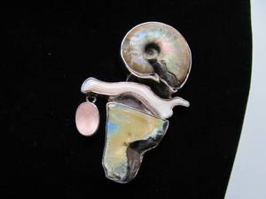 AMY KAHN RUSSELL Handmade Sculptural Brooch Pendant #23 Fossilized Sea Snail &amp Pink Gemstones