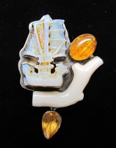 AMY KAHN RUSSELL Handmade Sculptural Brooch Pendant #26 wCarved Chinese Ship&nbsp