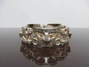 Excellent Signed C. JARA 1950s Peru Sterling Silver Bracelet withAztecMayan Faces