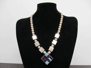 Exceptional Heavy Signed Vintage RAY TRACEY Navajo Inlaid Sterling Silver Necklace