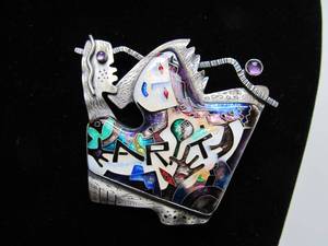 Amazing Vintage 80s Enameled Sterling Silver Sculptural Cloisonne Brooch Pendant by C.R. Dunetz