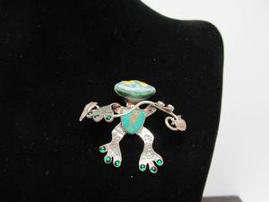Large &amp Funky LAURA STAMPER Sterling Silver Turquoise Frog or Lizard Brooch Pendant