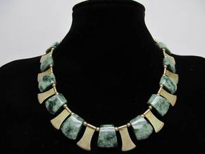 Mid Century Genuine Mayan Jade &amp 14K Gold Necklace