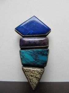 Beautiful Signed Sterling Silver Brooch Pendant w 4 Different Polished Stones