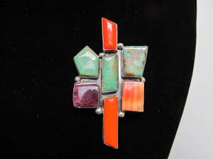 Excellent Vintage SAM PIASO Navajo Sterling Silver &amp Multi Stone Brooch Pendant