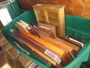 (TRK) XL Tote Full of Assorted Picture Frames, Photo Albums and Refill Pages, Small Wall Cabinet with Glass Front Doors Etc