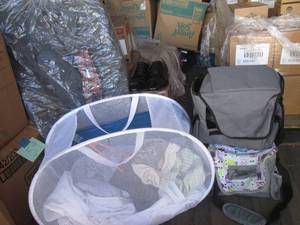 (TRK) Mesh Laundry Basket Full of Assorted Clothes Including Suit with Shoes, Insulated Cooler Bags and Blue Pop-Up Hamper