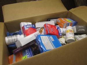 (SS) Box Full of Assorted Drug Store Shelf Pulls Including Over Counter Products