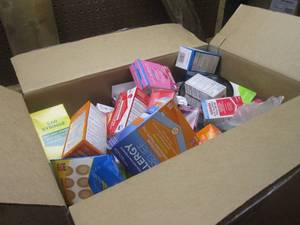 (TT) Box Full of Assorted Drug Store Shelf Pulls Including Over Counter Products