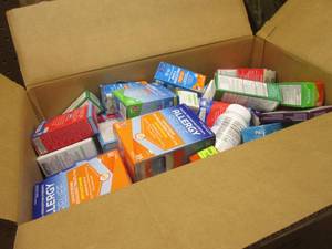 (TT) Box Full of Assorted Drug Store Shelf Pulls Including Over Counter Products