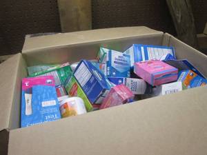 (TT) Box Full of Assorted Drug Store Shelf Pulls Including Over Counter Products