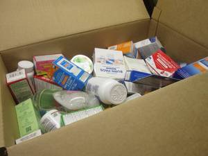 (TT) Box Full of Assorted Drug Store Shelf Pulls Including Over Counter Products