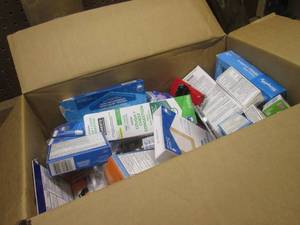 (TT) Box Full of Assorted Drug Store Shelf Pulls Including Over Counter Products
