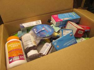 (TT) Box Full of Assorted Drug Store Shelf Pulls Including Over Counter Products