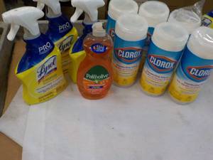 Lysol All Purpose Cleaner, Clorox Disinfecting Wipes and Dish Soap