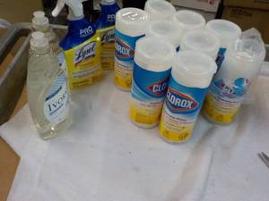 Lysol All Purpose Cleaner, Clorox Disinfecting Wipes and Dish Soap