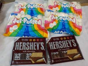 4 Pkgs Jet Puffed Marshmallows and 2 - 6 packs Hersheys Full Size Candy Bars