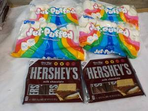 4 Pkgs Jet Puffed Marshmallows and 2 - 6 packs Hersheys Full Size Candy Bars