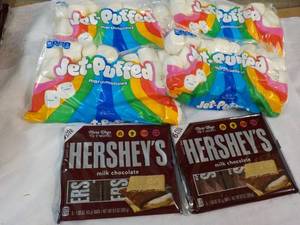 4 Pkgs Jet Puffed Marshmallows and 2 - 6 packs Hersheys Full Size Candy Bars