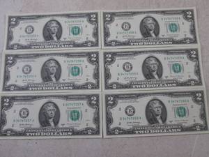 lot 21 image: (CNTR) 6 Uncirculated Sequential $2 Bills
