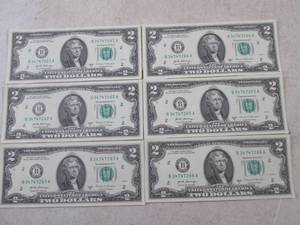 lot 22 image: (CNTR) 6 Uncirculated Sequential $2 Bills