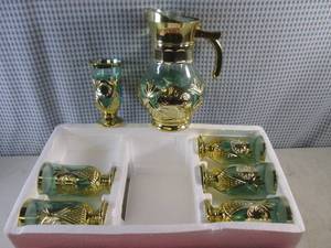 lot 43 image: (FRNT) Case of 6 Glass 7pc Pitcher with Glasses Sets - Green Glass with Gold Trim Style 2