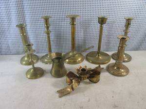lot 63 image: (BS) Assorted Vintage Brass Candle Holders and Handled Pour Cup