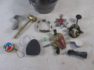 lot 78 image: (EC1) Assorted Vintage Smalls Etc Including Bulova Watch, Brass Hammer, Magnetic Bracelet, Small Pistol Knife Etc