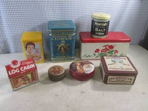lot 84 image: (A-1) Assorted Vintage 1980s Tins and Vintage Metal Vented Bread Box