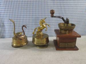 lot 110 image: (BSB) Vintage Mini Metal and Wood Coffee Grinder and 2 Vintage Brass Musical Unicorn and Swans Figures
