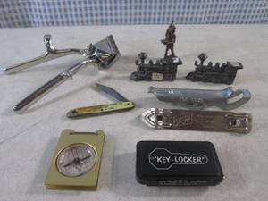 lot 111 image: (BSB) Assorted Vintage Smalls - Hand Clippers, Metal Trains, Pocket Knife Etc