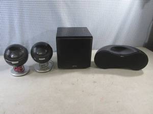 lot 222 image: (D-2) Jamo Speakers - Jamo Sub 800 Powered Subwoofer Powers On - 2 Jamo 360 S35 Ball Speakers Untested - Jamo Speaker Untested
