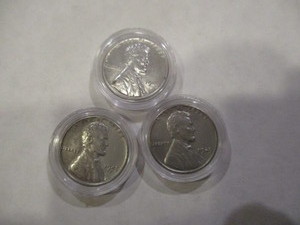 Set of 1943 P,D and S Emergency Issue WWII Steel Pennies (Exceptional Condition) in Acrylic Capsules