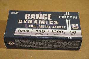 lot 165 image: 50 Fiocchi Range Dynamics 9mm Luger 115 Gr FMJ Ammo