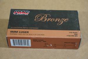 lot 166 image: 50 PMC Bronze 9mm Luger 115 Gr FMJ Ammo