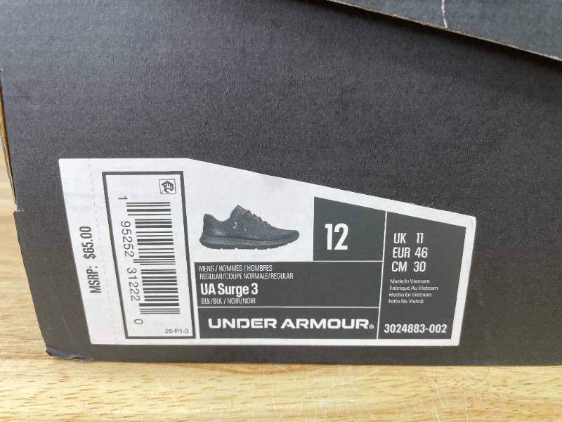 lot 55A image: Brand New Under Armour UA Surge 3 Black Athletic Shoes Mens 12 X