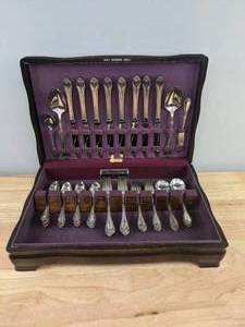 lot 50 image: 52 Piece Silverplate Silverware Set and Case, Remembrance by 1847 Rodgers Bros R