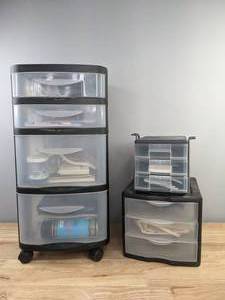 lot 80 image: Collection of 3 Black Plastic Storage Towers with Clear Plastic Drawers and Assortment of Art Supplies R