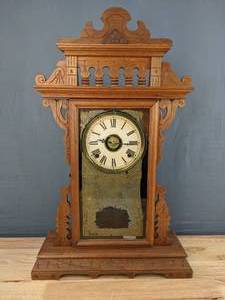 lot 31 image: Gorgeous Antique Walnut Shelf Clock with Elaborate Gold Design M
