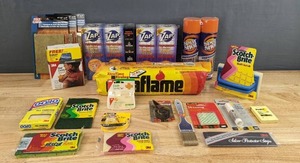 lot 100 image: NEW Assortment of Cleaning Supplies and More Scotch Brite, Ocelo, Scotch, 3M, Post It, Zap, Duraflame, Spot Shot, & More  M