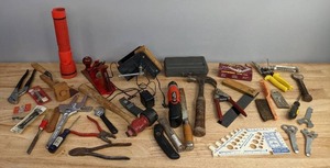 lot 69 image: Assortment of Tools Black & Decker Pivot Driver, Flashlight, Chisel, Hammer, Wrenches, and More M