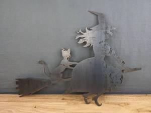 lot 96A image: Witch with a Cat on a Broomstick Metal Cutout Art  A