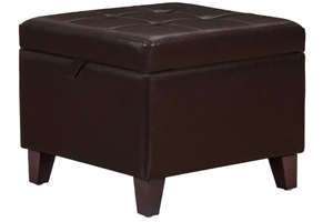 lot 301 image: Adeco 18 Inch Modern Faux Leather Storage Ottoman with Wood Legs - Brown