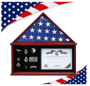 lot 219 image: Large Wooden Flag, Document and Medal Display Shadow Box - Mahogany Finish