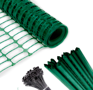 lot 332 image: Safety Fence  25 Steel Plant Stakes, Extra Strength Mesh Snow Fencing, Temporary Green Plastic Garden Netting 4x100 Feet Fence & 25, 4 Foot Stakes