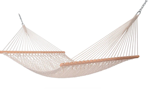lot 334 image: Suncreat Traditional Cotton Rope Double Hammock w Spreader Bar and Bag