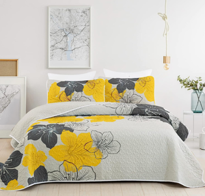 lot 344 image: DJY 3 Pieces Quilt Set Queen Yellow Floral Pattern Quilt Coverlet Elegant Boho Bedspread with 2 Pillow Shams